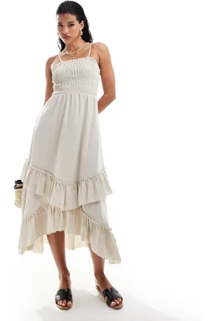 Style Cheat Smocked cotton maxi dress with ruffle detail in cream