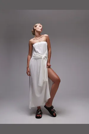Topshop Linen mix tie front bandeau dress in