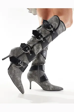 Public Desire Samurai kitten heel knee boots with buckles in washed denim