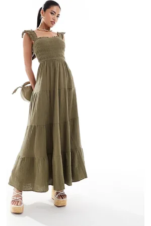 Style Cheat Smocked midi dress in khaki