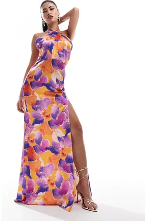 True Violet Satin halterneck maxi dress in dark floral print