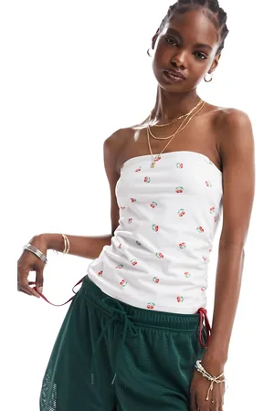 Monki Strapless bandeau top in white and cherry print