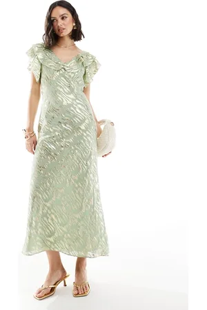 Never Fully Dressed Tilda metallic ruffle maxi dress in sage
