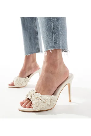 Public Desire Public Desire Sable Wide Fit heeled mules with applique flowers in cream