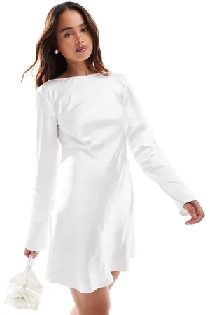Six Stories Bridal long sleeve satin cowl back mini dress in ivory