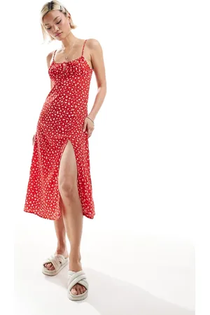 Monki Strappy midi dress with slit in red ditsy print