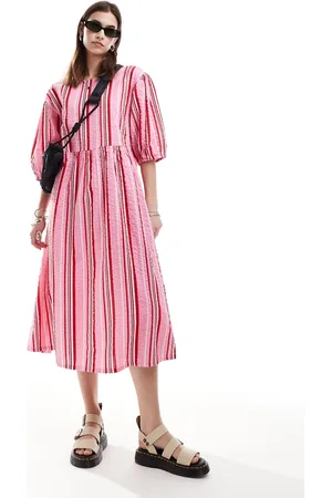 Monki Seersucker smock midi dress in color stripe