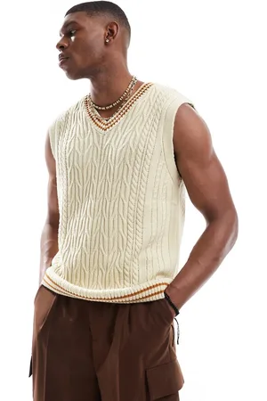 ASOS Oversized knitted v neck tank in cable knit in cream with tan tipping