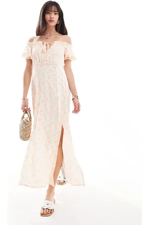 Miss Selfridge Puff sleeve off the shoulder maxi dress in sea shell print