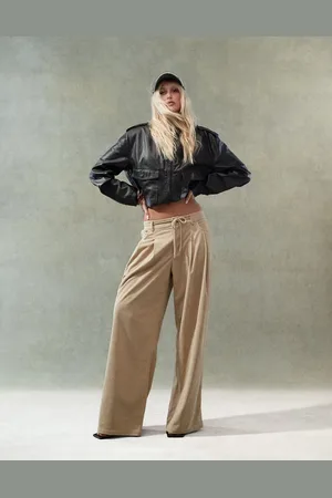 Lioness Corduroy slouchy low rise tie detail wide leg pants in beige