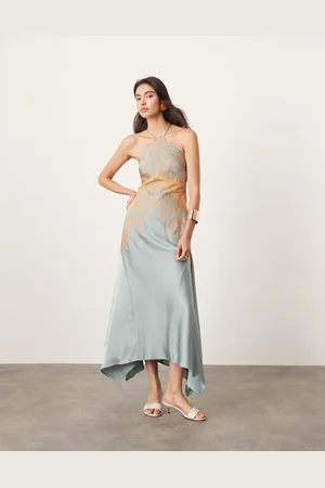 ASOS Satin lace applique embroidered halterneck midi dress with hanky hem in blue
