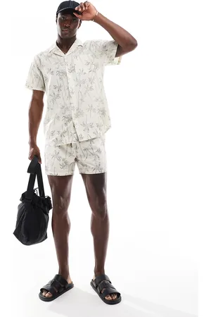 South Beach Palm print swim shorts in cream