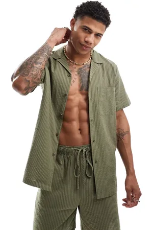 South Beach Tonal seersucker striped beach shirt in olive - part of a set