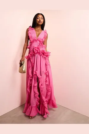 ASOS Plunge maxi dress with ruched chiffon detail & open back in hot pink