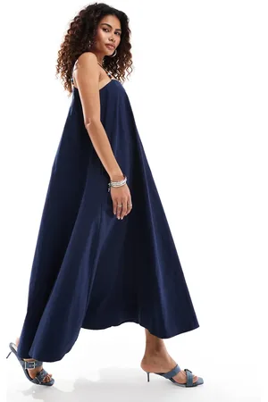 Ghospell Ula beaded strap cotton maxi dress in navy