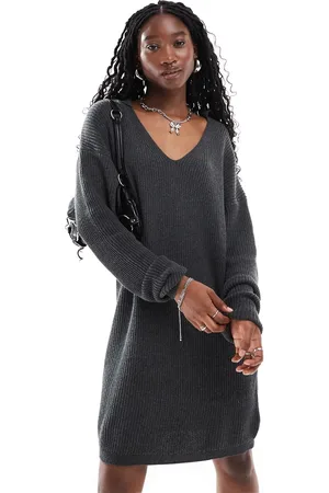 Glamorous Collar detail oversized sweater dress in charcoal heather knit