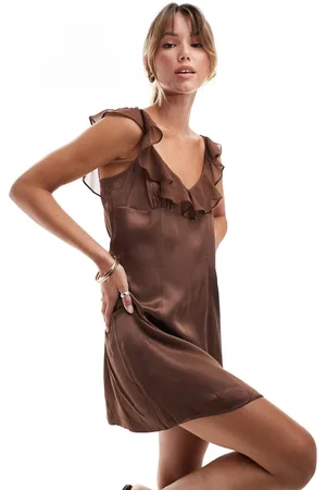 ASOS Chiffon frill wide scoop neckline dress in choc