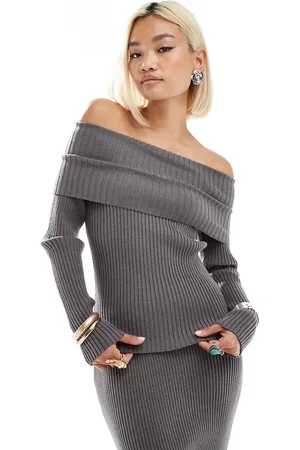 Glamorous Off shoulder rib knit sweater in charcoal - part of a set