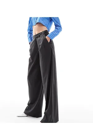 ASOS ASOS DESIGN Tall tailored wide leg pants with asymmetric buckle detail in gray stripe