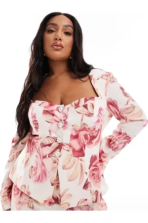 ASOS Curve sweetheart tailored blazer with bow back in rose print - part of a set