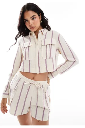ASOS Linen look pocket detail cropped shirt in purple stripe - part of a set