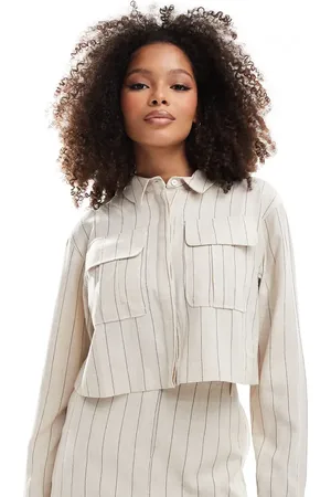 ASOS Pinstripe linen blend pocket detail shirt in cream - part of a set