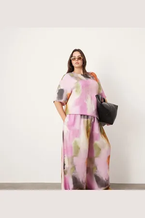 ASOS Curve super wide leg drawstring waist in bold watercolor - part of a set
