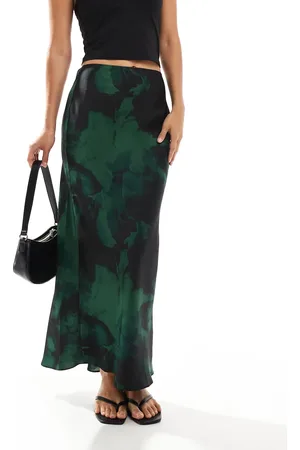 ASOS Satin bias cut midi skirt in green & black blurred floral