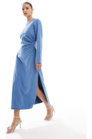 ASOS Washed twill midi dress with circle side detail in denim blue acid wash