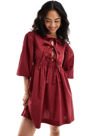 ASOS Bow tie front mini smock dress in burgundy