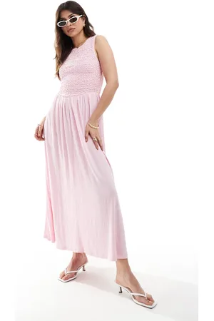 ASOS Crinkle shirred bodice maxi dress with open back in baby pink