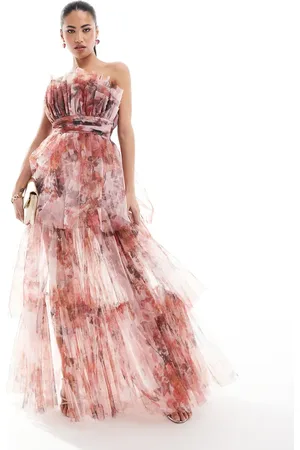 Lace & Beads Bandeau tulle maxi dress in floral