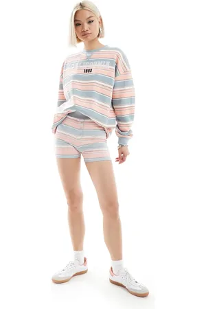 Daisy Street Boxer style button front shorts in pink blue stripe - part of a set