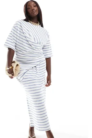 ASOS ASOS DESIGN Curve short sleeve with twist detail midi dress in blue and cream stripe