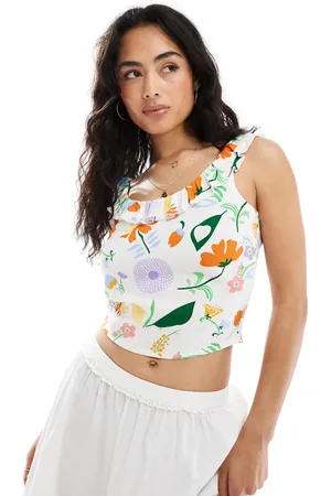 ONLY Floral print scoop neck frill top in