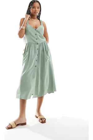 ASOS Linen look natural button up midi dress with pockets in sage