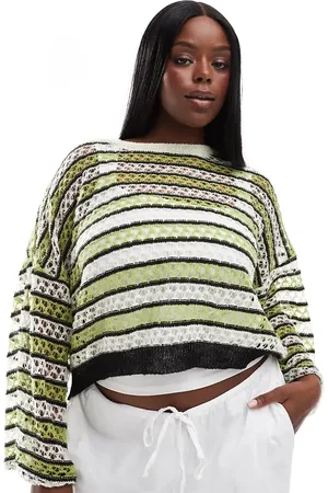 Noisy May Open knit cropped sweater with wide sleeves in cream & green
