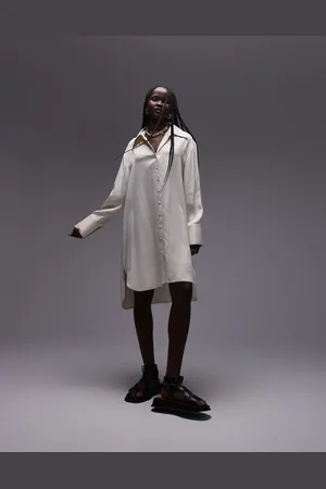 Topshop Premium satin mini shirt dress with step hem in ivory
