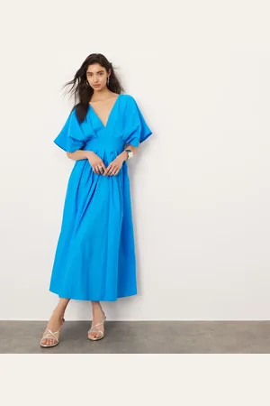 ASOS V neck short sleeve midi dress in blue