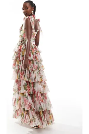 Lace & Beads Bow shoulder tiered maxi dress in bright floral
