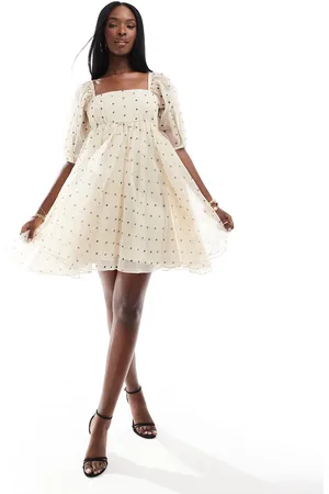 Lace & Beads Square neck babydoll organza mini dress in polka dot