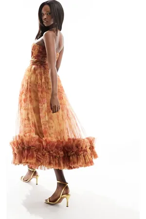 Lace & Beads Corset tulle ruffle hem midaxi dress in golden floral