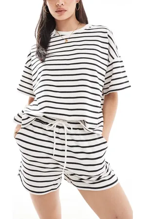 Pieces® Tie waist sweatshirt fabric shorts in black and white stripe - part of a set