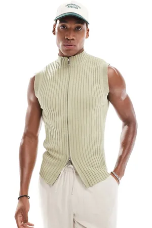ASOS Muscle fit high neck knit sleeveless zip up vest in khaki rib