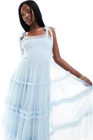 Lace & Beads Bow shoulder ruffle midi dress in sky