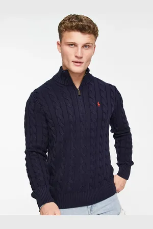 Ralph Lauren Icon logo half zip cotton cable knit sweater in