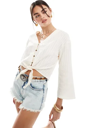 JDY Tie front v neck shirt in cream