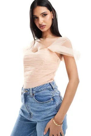 Lace & Beads Tulle off the shoulder bodysuit in blush