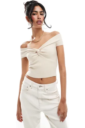 Miss Selfridge Knit rib twist front short sleeve bardot top in cream