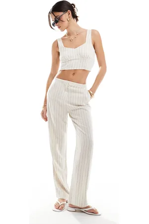 ONLY Straight leg linen-mix pants in stone pinstripe - part of a set